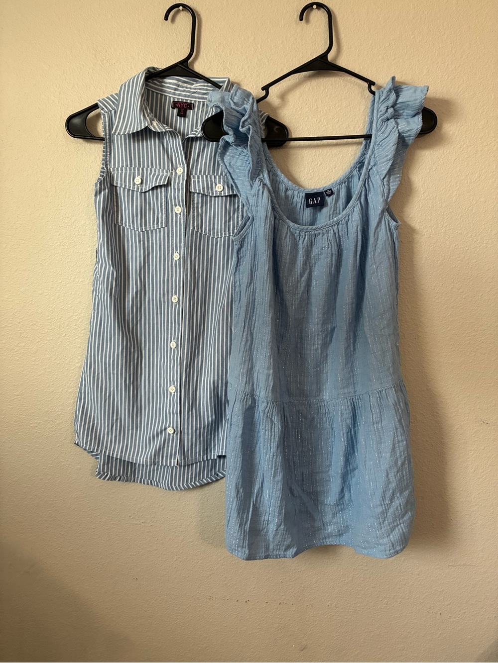 GAP Women's Light Blue Ruffle Sleeve Tank Top & NYC striped tank